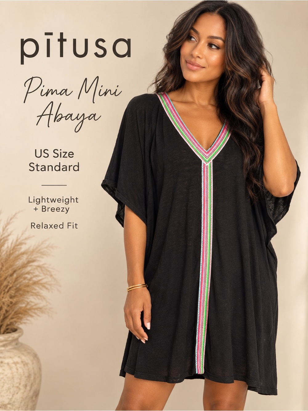 Pitusa Pima Mini Abaya Black Inca Trim Dress Swim Cover Up Standard